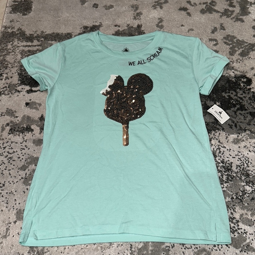 Walt Disney World we all scream sequin Mickey Mouse ice cream aqua blue